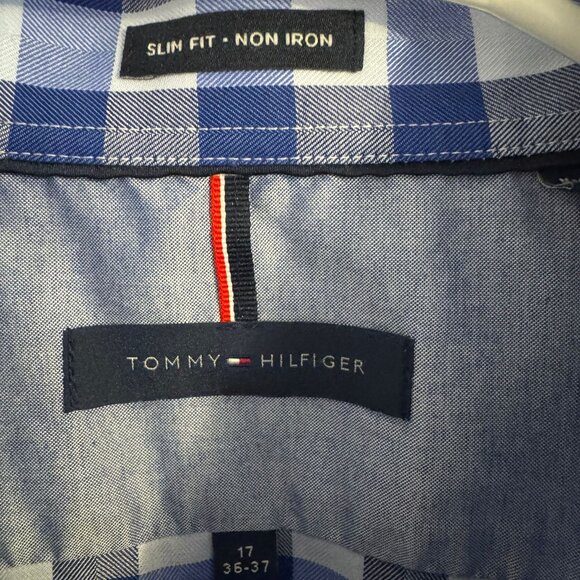 Tommy Hilfiger Men's Slim Fit Non-Iron Dress Shirt Blue White Checkered Size L - Picture 2 of 4